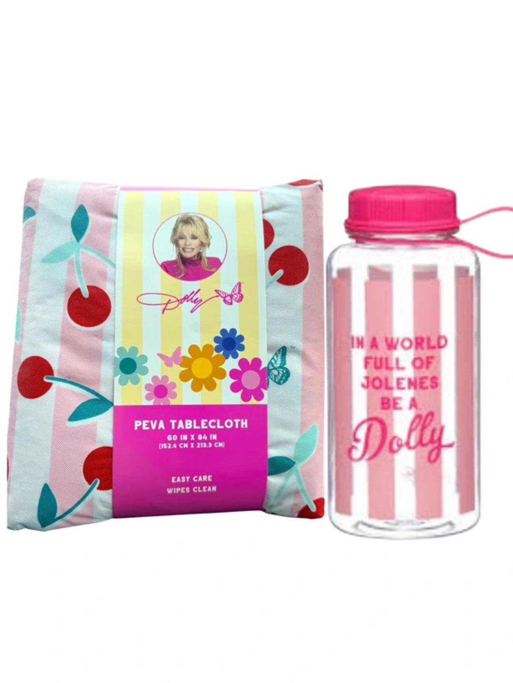 Dolly Parton Tablecloth & 33oz Water Bottle bundle Pink Cherry Butterfly New